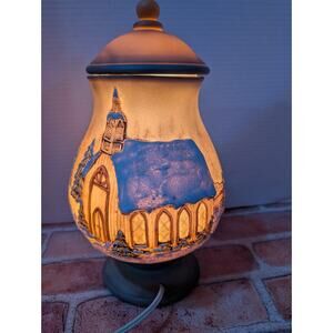 Vintage Hand Painted Ceramic Lamp Jar Light Snow Coverd Winter Church Home Scene